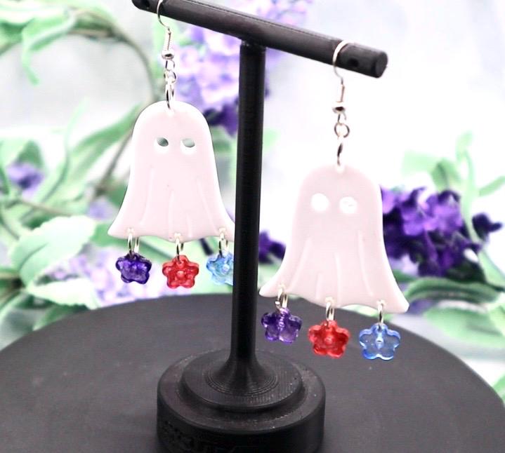 Floral Ghost Dangle Earrings: Steel & Resin Charms