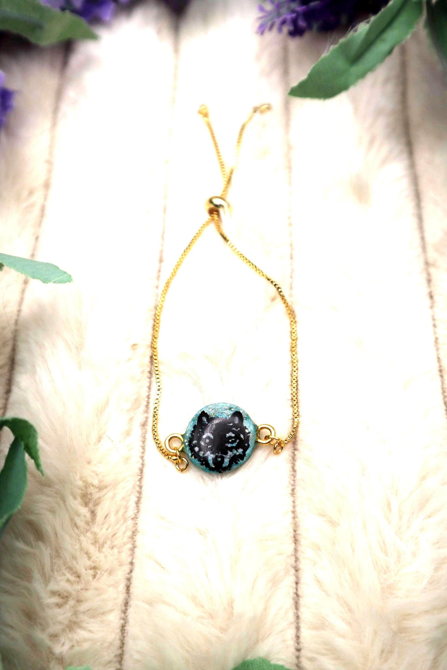 Wolf Pendant Bracelet: Polymer Clay, Gold Plated Chain