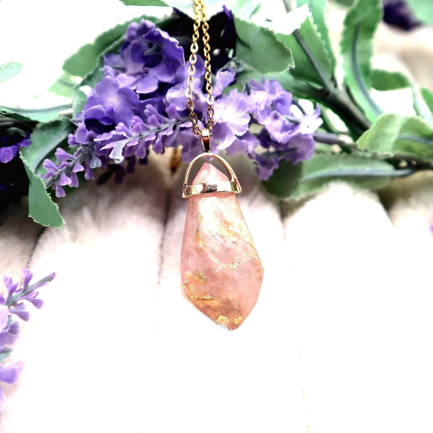 Pink Resin Faux Crystal Pendant Necklace: Gold Flake Inlay