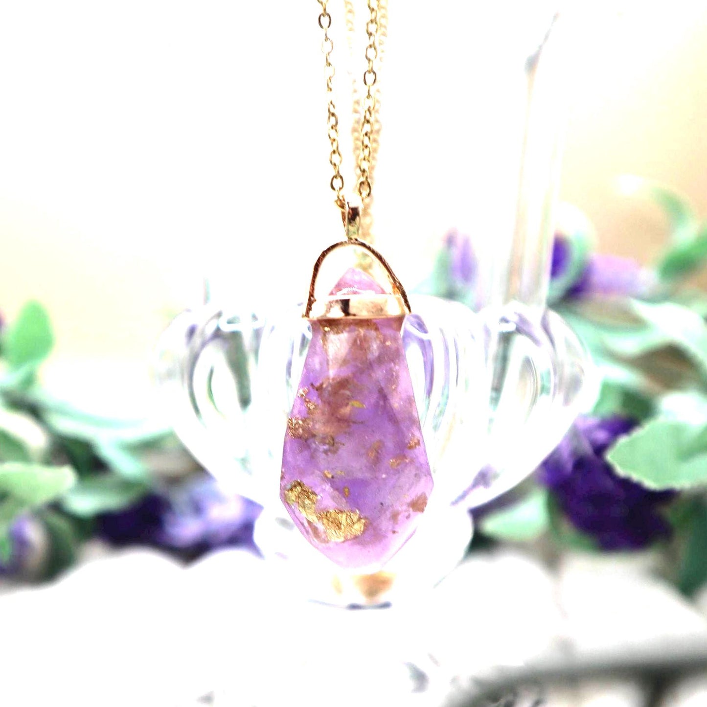 Purple and Gold Faux Crystal Pendant Necklace | Gold Plated Chain