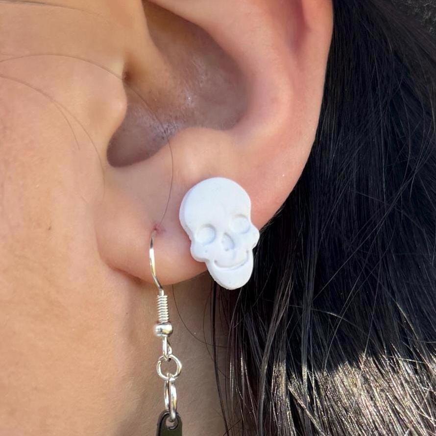 Clay Skull Stud Earrings: Polymer Clay, Steel Posts
