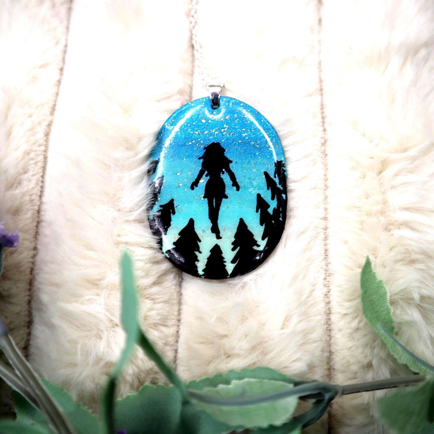 Night Sky Polymer Clay Pendant Necklace: Sterling Silver Plated Chain