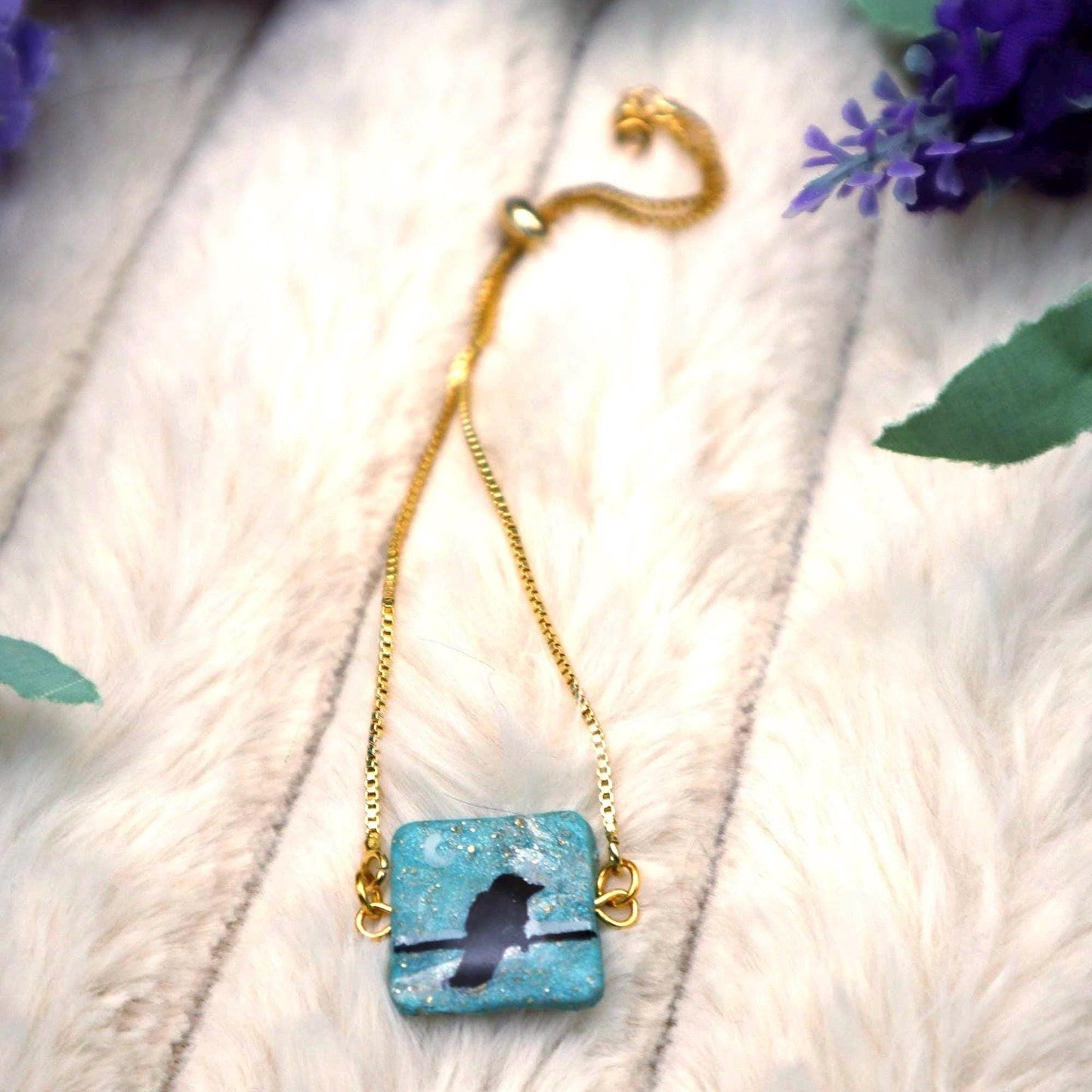 Raven Pendant Bracelet: Polymer Clay, Gold Plated Chain