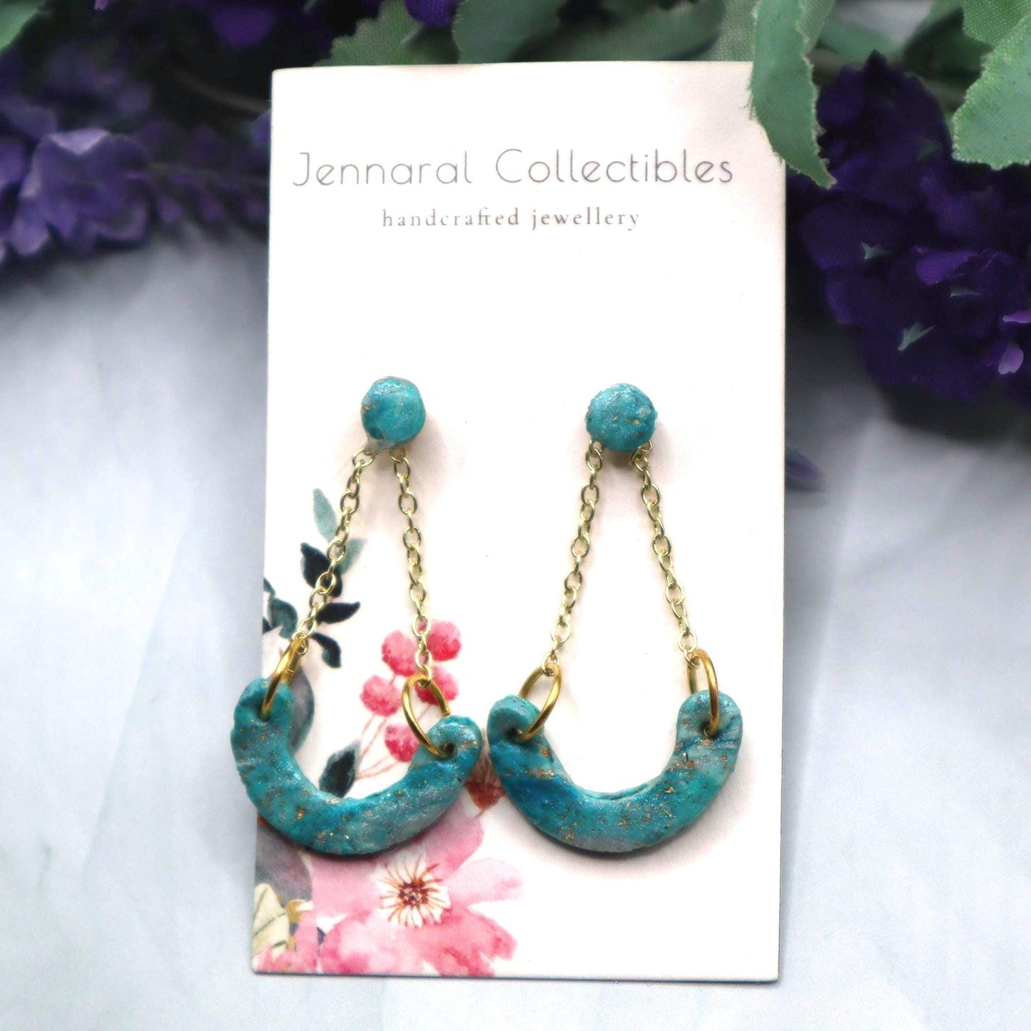 Gold & Turquoise Polymer Clay Dangle Earrings: Modern Boho Arch