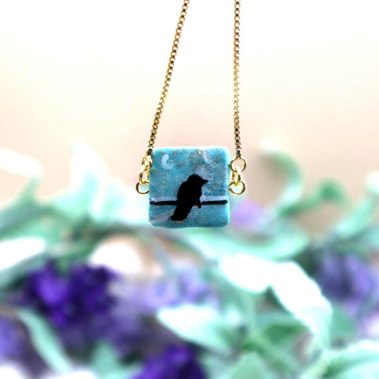 Raven Pendant Bracelet: Polymer Clay, Gold Plated Chain