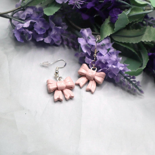 Pale Pink Bow Dangle Earrings: Handmade Polymer Clay Cottagecore Jewelry
