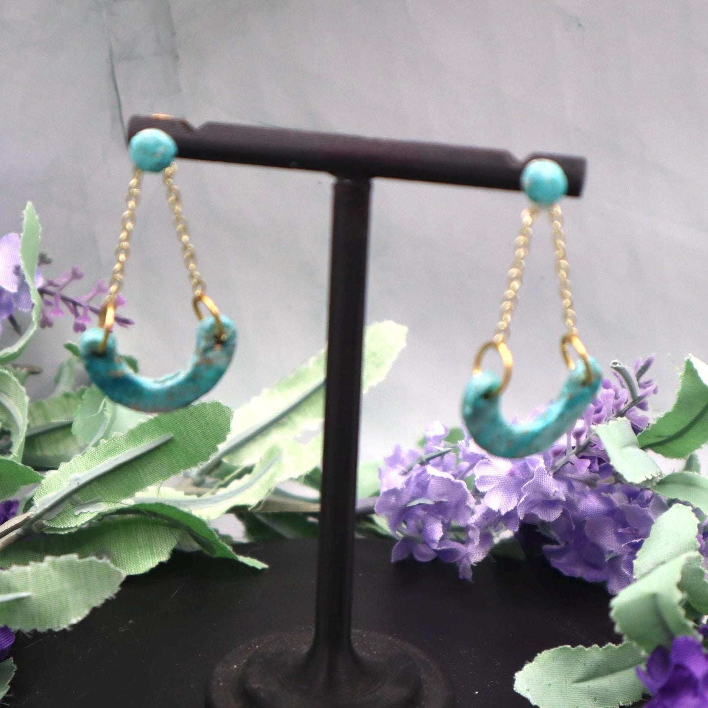 Gold & Turquoise Polymer Clay Dangle Earrings: Modern Boho Arch