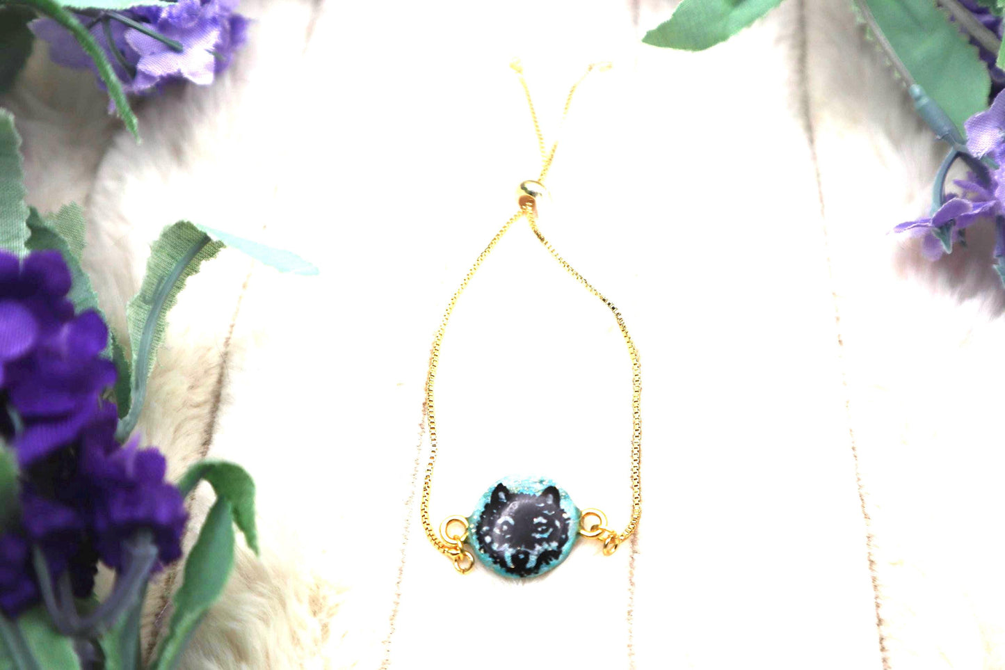 Wolf Pendant Bracelet: Polymer Clay, Gold Plated Chain