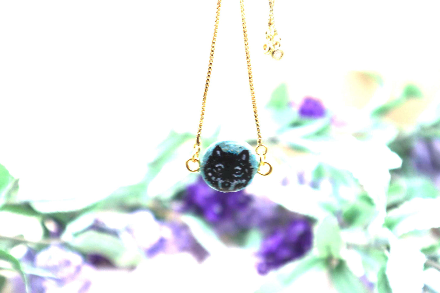 Wolf Pendant Bracelet: Polymer Clay, Gold Plated Chain
