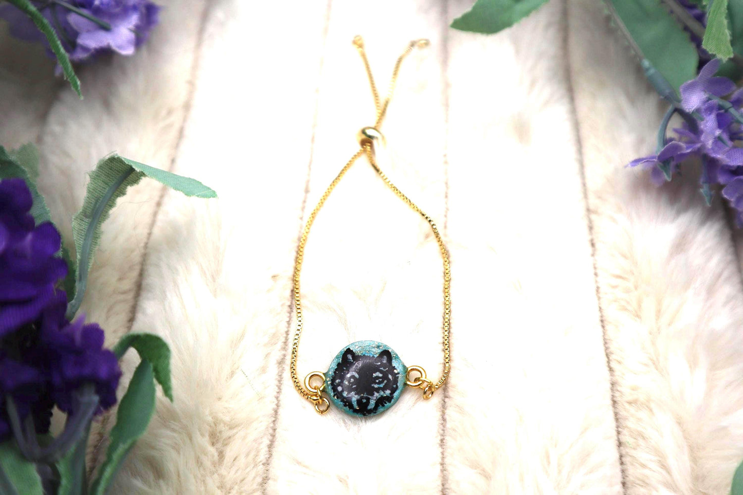Wolf Pendant Bracelet: Polymer Clay, Gold Plated Chain