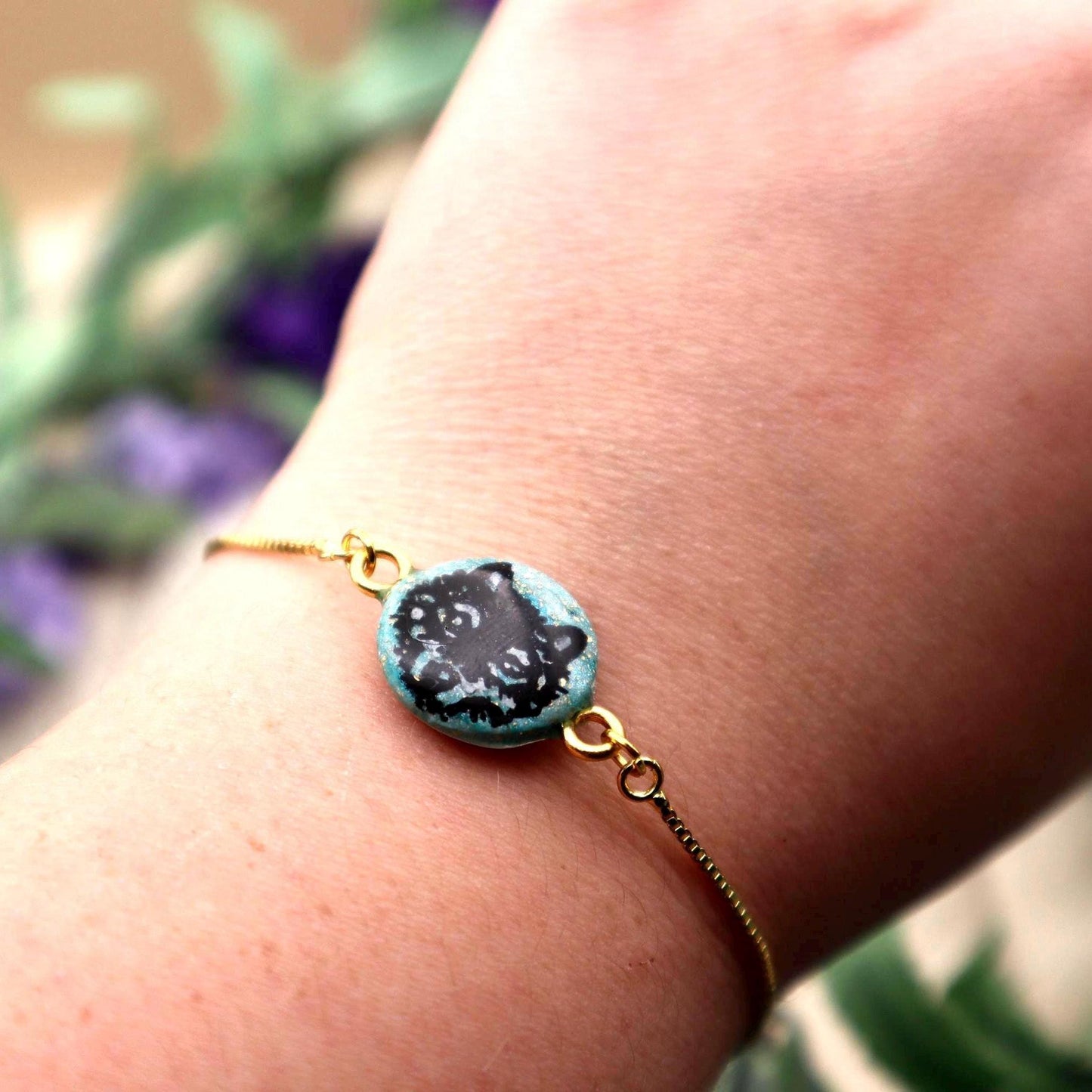 Wolf Pendant Bracelet: Polymer Clay, Gold Plated Chain