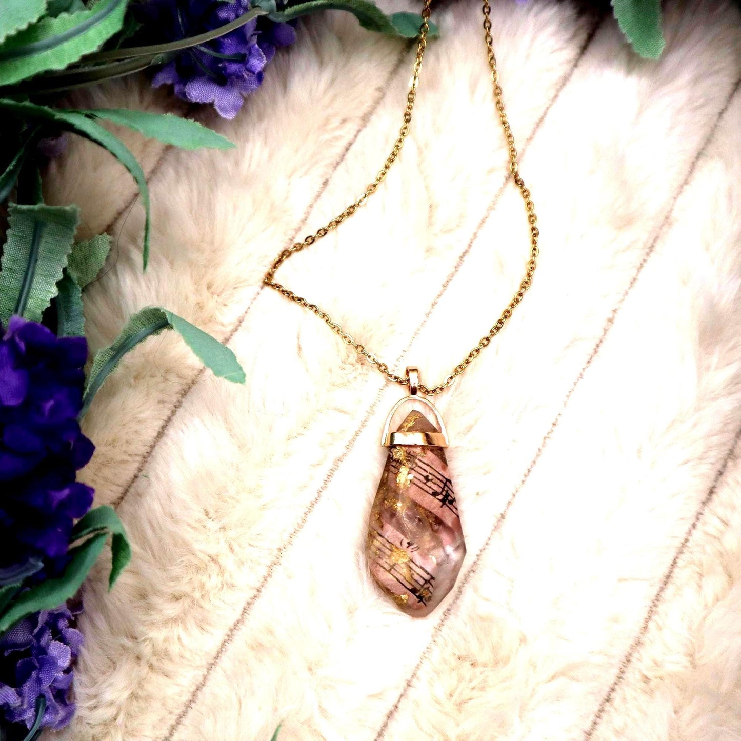 Sheet Music Faux Crystal Pendant Necklace - Gold Plated Chain