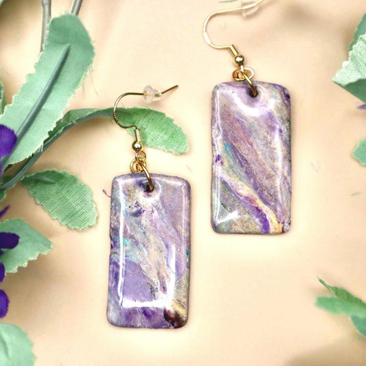 Purple Marble Polymer Clay Dangle Earrings with Gold Hooks