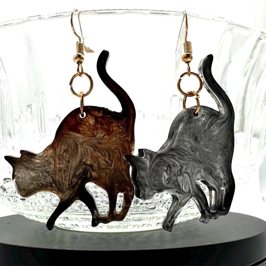 Brass & Resin Cat Dangle Earrings - 65mm