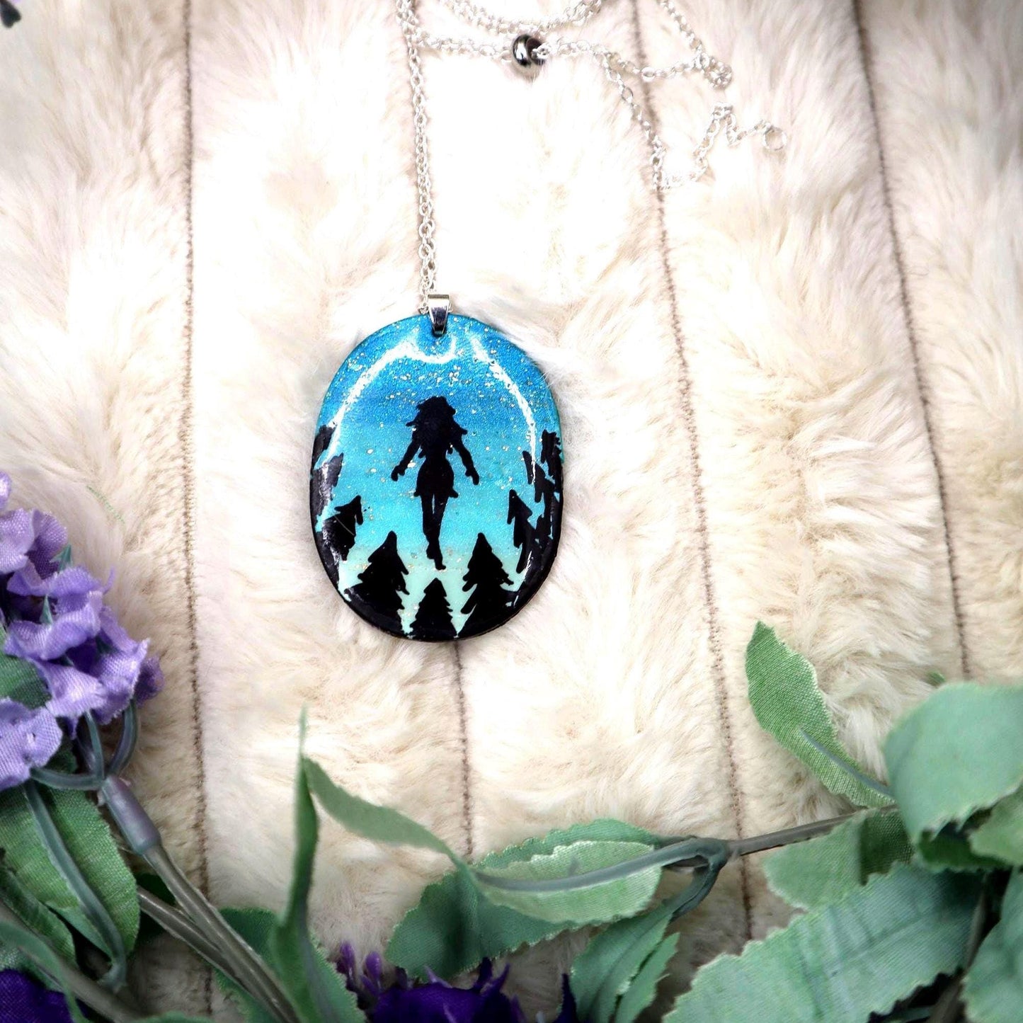 Night Sky Polymer Clay Pendant Necklace: Sterling Silver Plated Chain