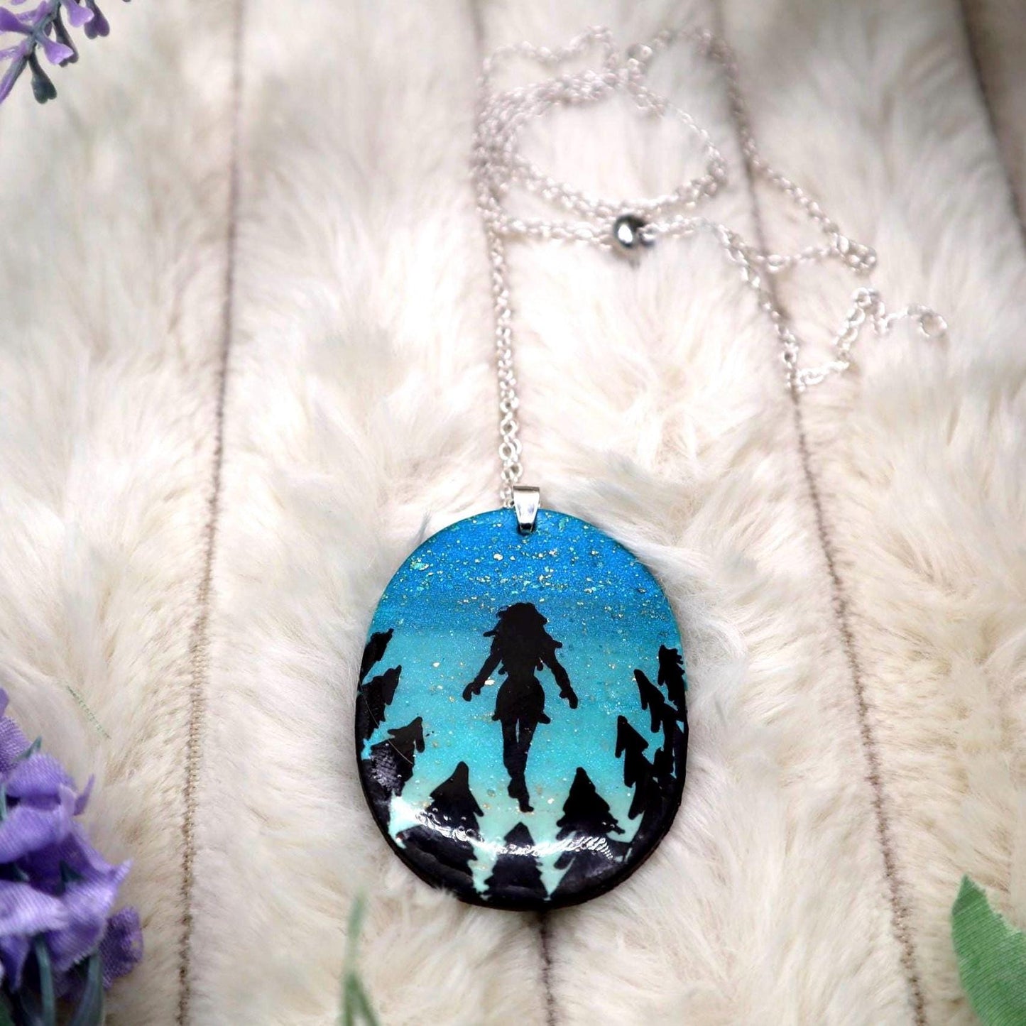 Night Sky Polymer Clay Pendant Necklace: Sterling Silver Plated Chain
