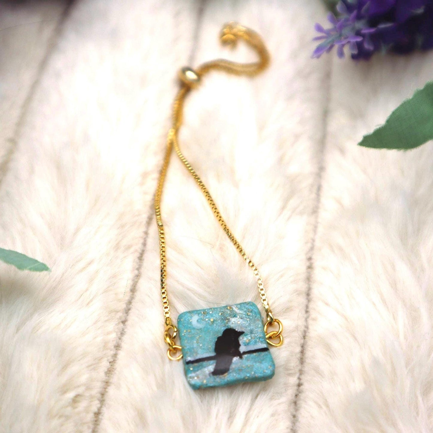 Raven Pendant Bracelet: Polymer Clay, Gold Plated Chain