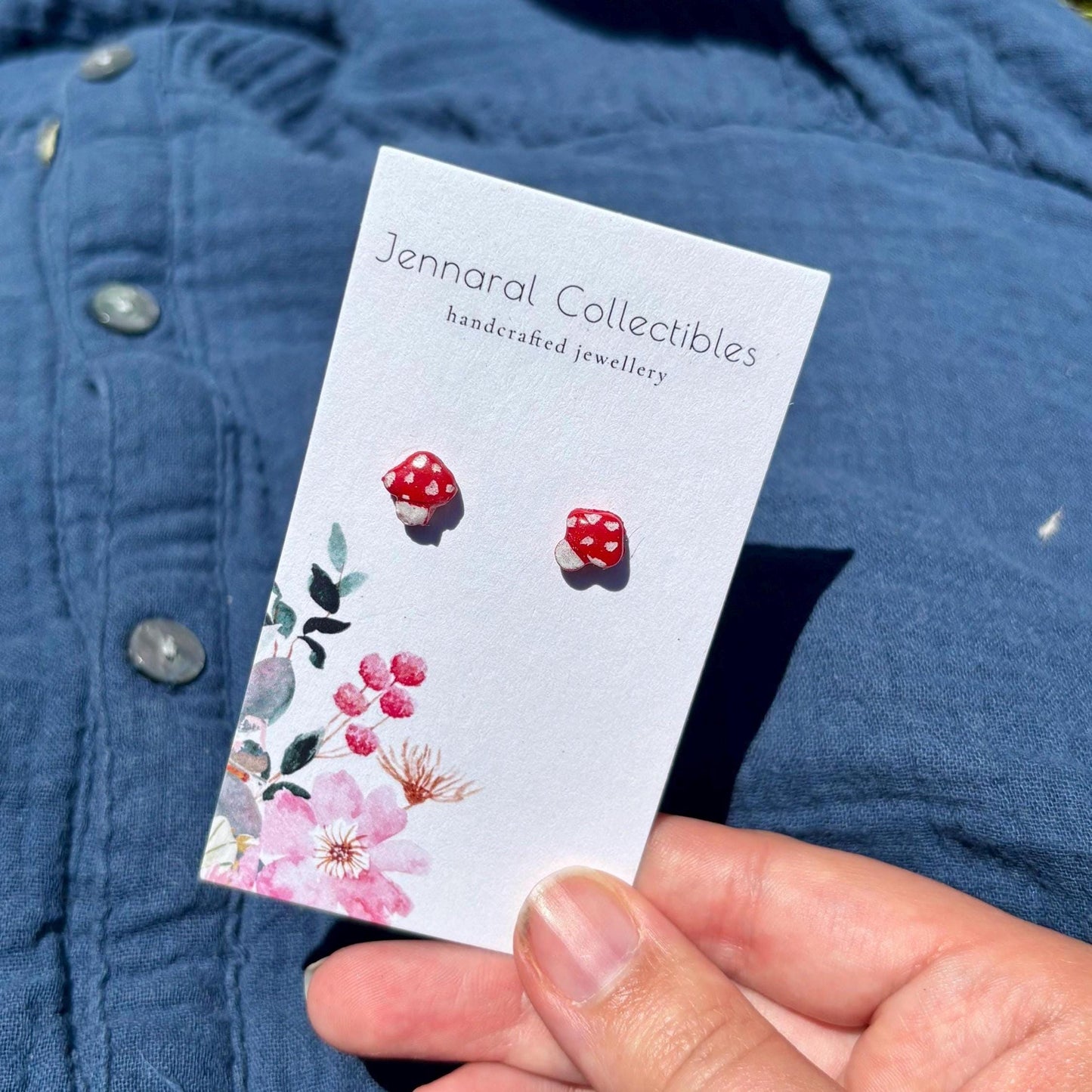 Handmade Polymer Clay Mushroom Stud Earrings: Cottagecore Fairy Jewelry