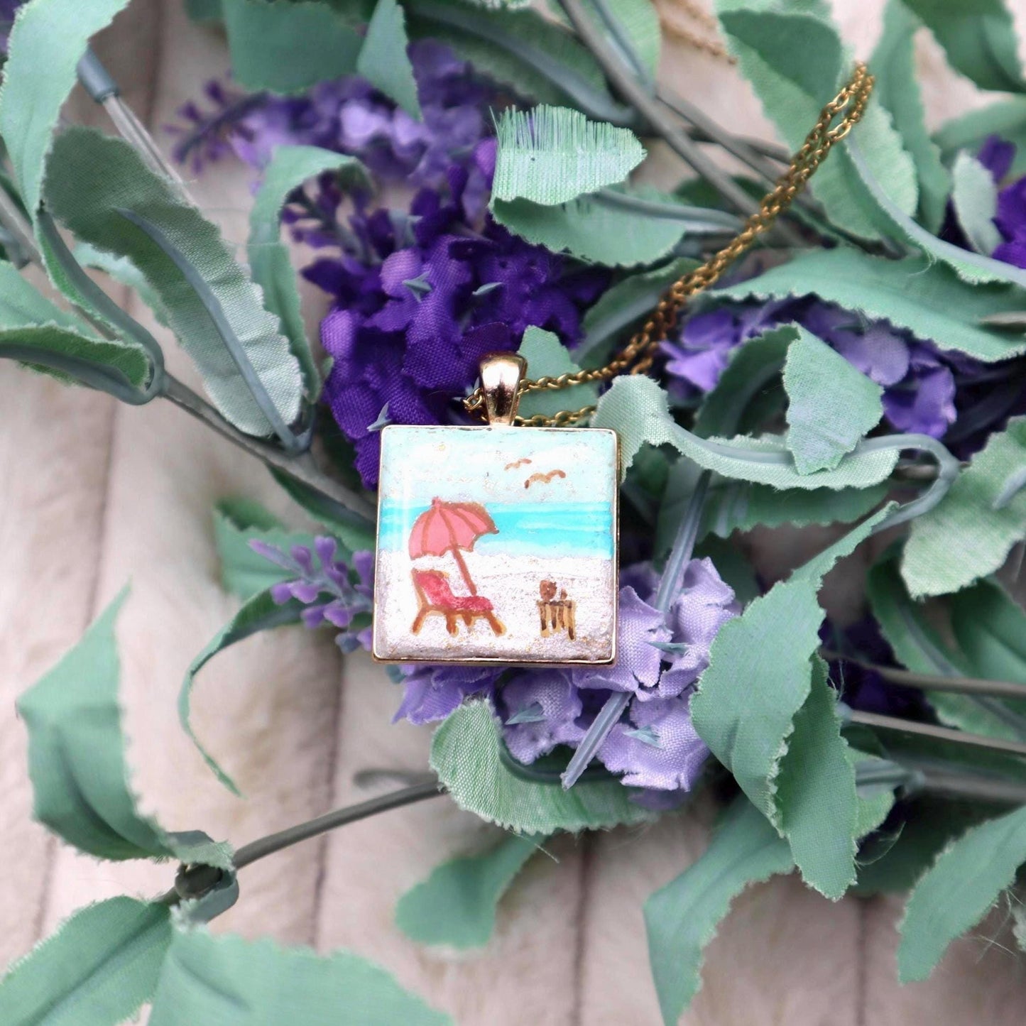 Beach Scene Gold Plated Pendant: Polymer Clay Vacation Necklace