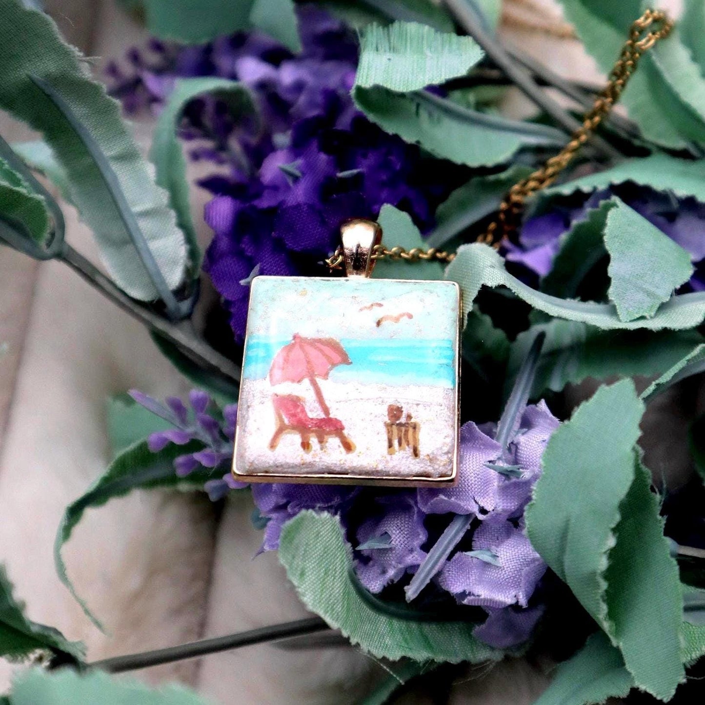 Beach Scene Gold Plated Pendant: Polymer Clay Vacation Necklace