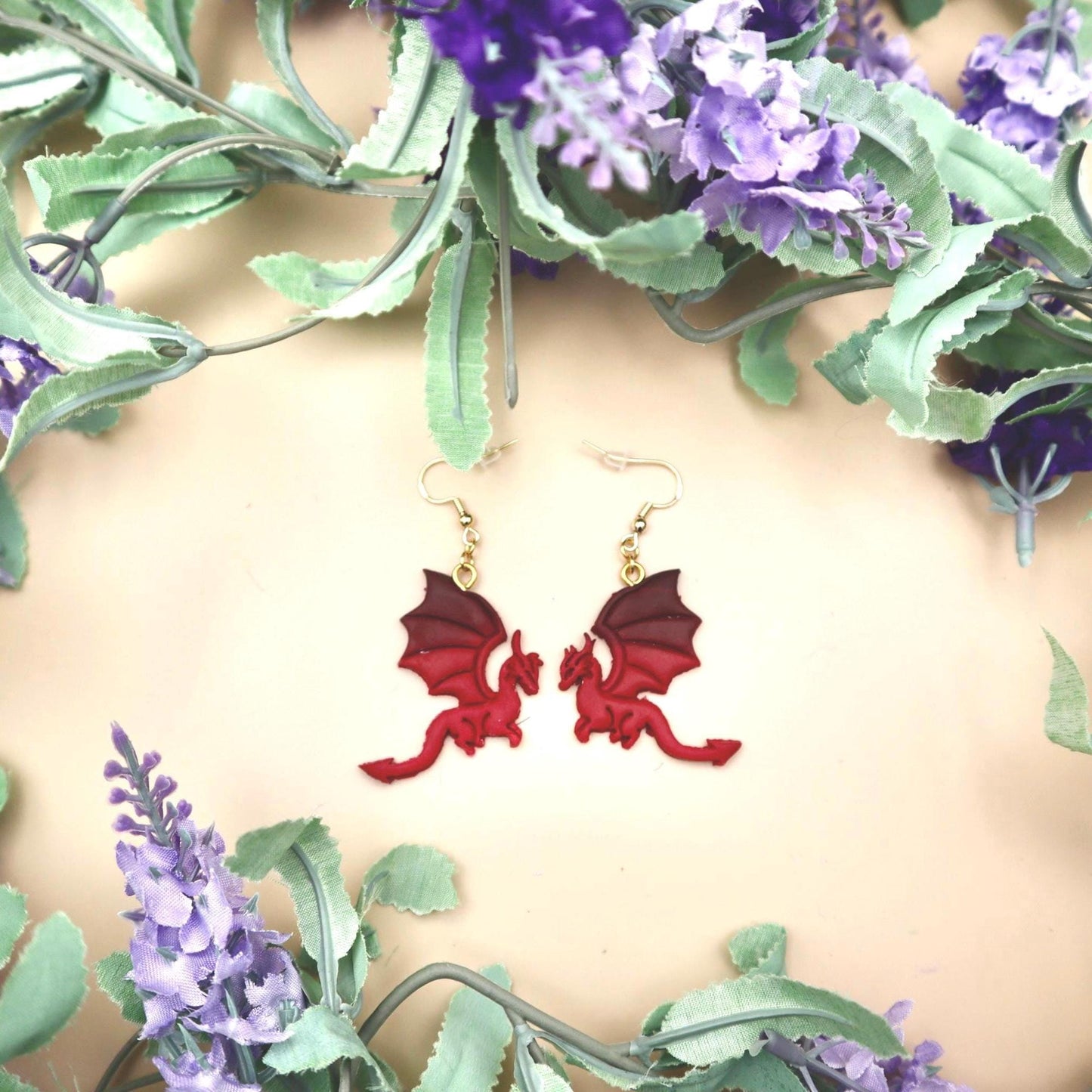 Black & Red Dragon Dangle Earrings: Polymer Clay, Gold Plated Hooks