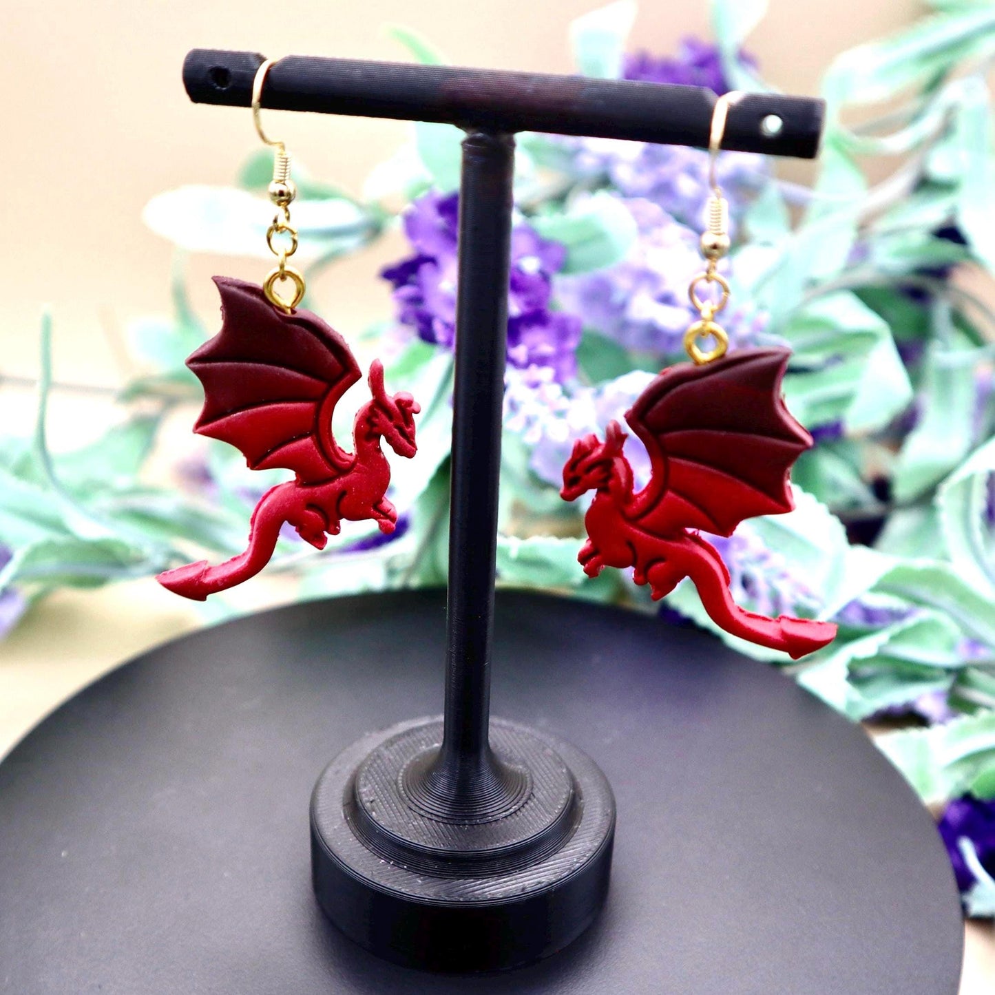 Black & Red Dragon Dangle Earrings: Polymer Clay, Gold Plated Hooks