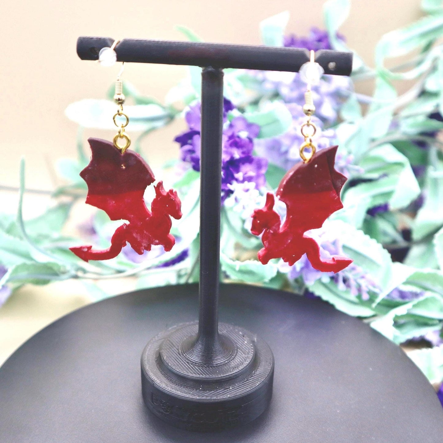 Black & Red Dragon Dangle Earrings: Polymer Clay, Gold Plated Hooks