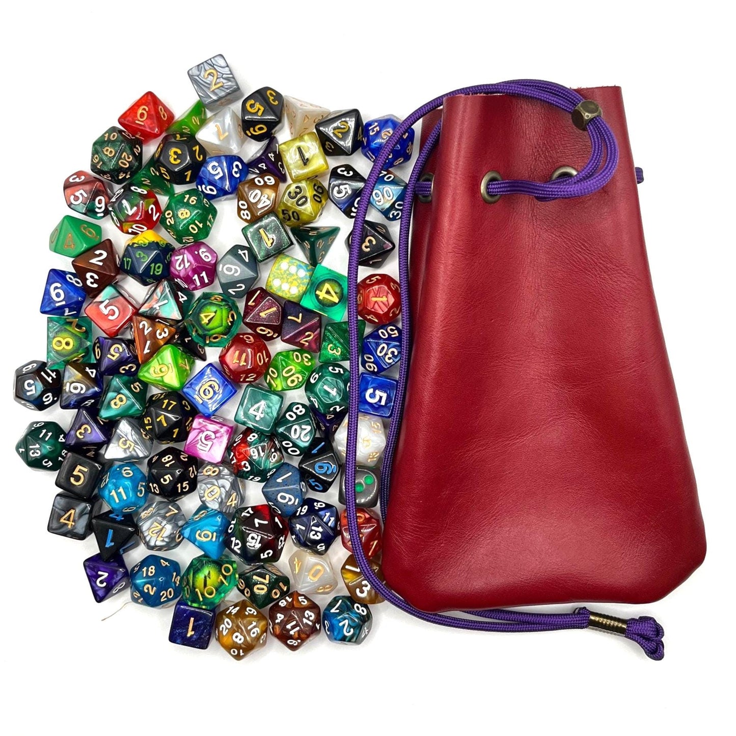 Handcrafted leather dice bag with drawstring, ideal for storing RPG dice sets. Perfect for DnD, tabletop games, or as a fantasy gift for gamers.