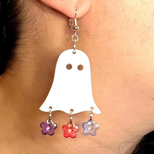 Floral Ghost Dangle Earrings: Steel & Resin Charms