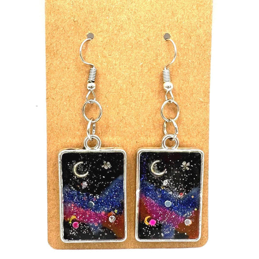 Galaxy Night Sky Dangle Earrings: Stainless Steel & Resin