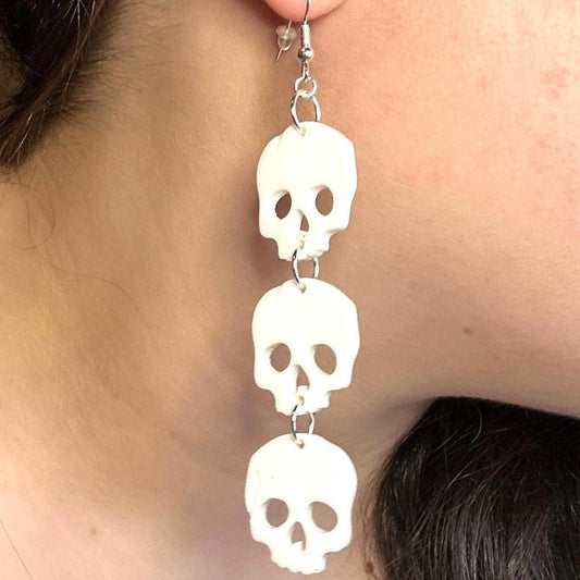 Stacked Skulls Dangle Earrings: Steel & Resin