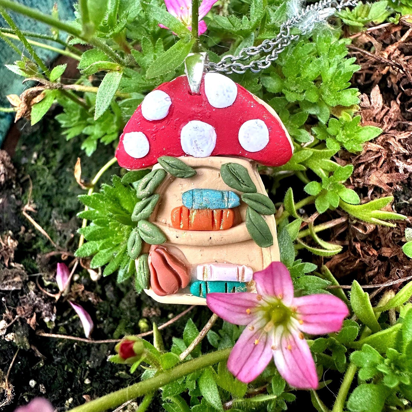 Mushroom Bookshelf Necklace • Sterling Silver Plated Pendant • Cottagecore Jewelry • Book Lover Gift • Fairycore Necklace