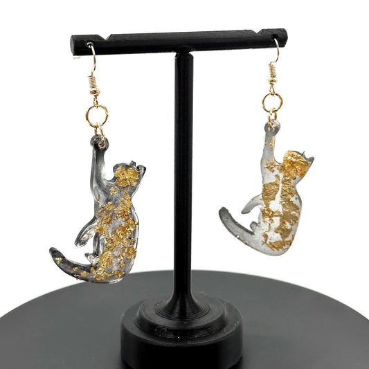 Black Resin Cat Dangle Earrings: Gold Steel Charms