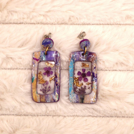 Purple Marble Flower Dangle Earrings: Polymer Clay & Brass