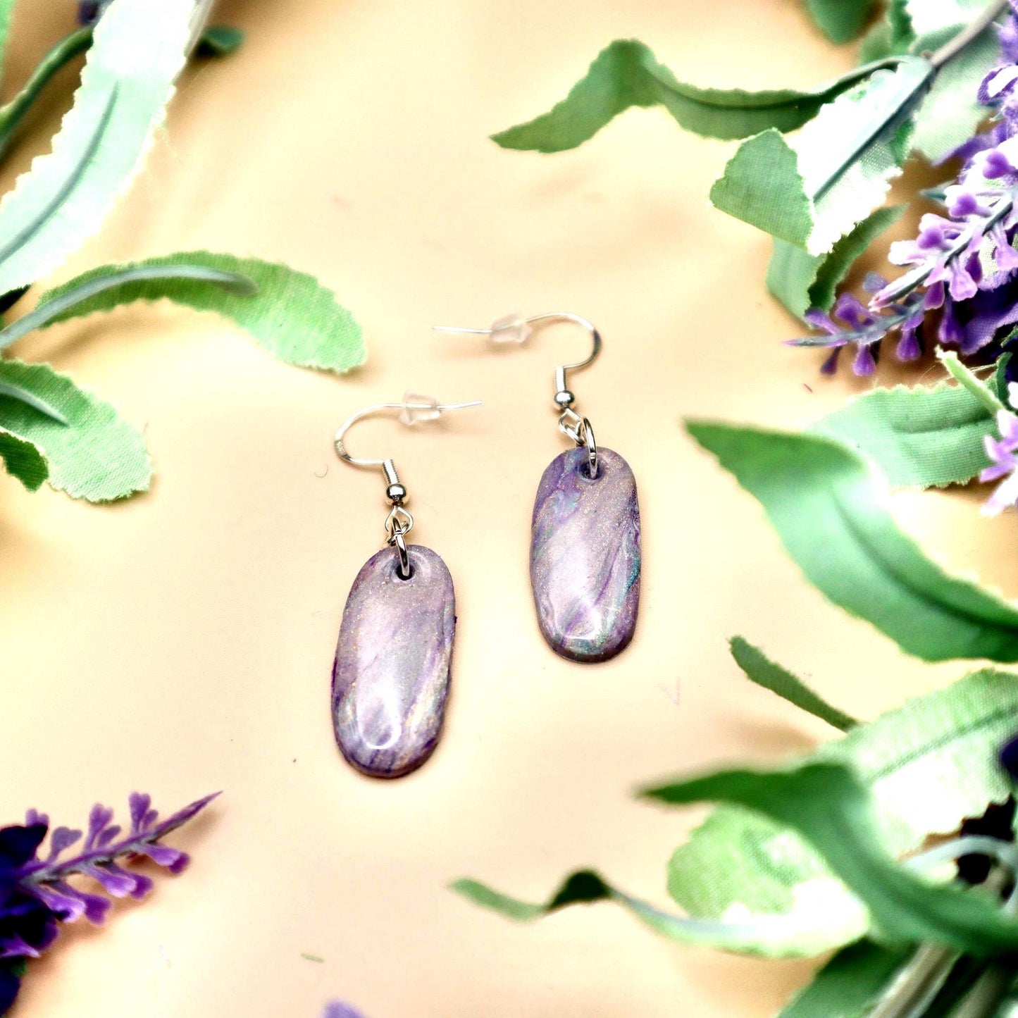 Lavender Marble Dangle Earrings: Polymer Clay, Silver Hooks