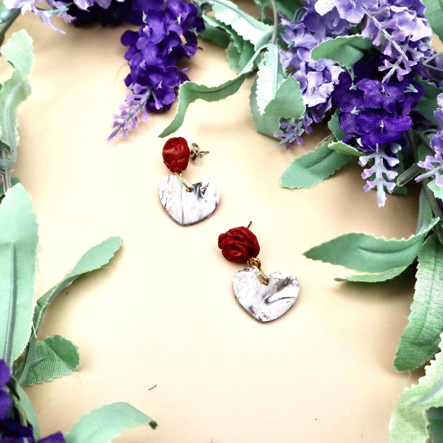 Red Rose and Rose Gold Marble Heart Dangle Earrings | Polymer Clay
