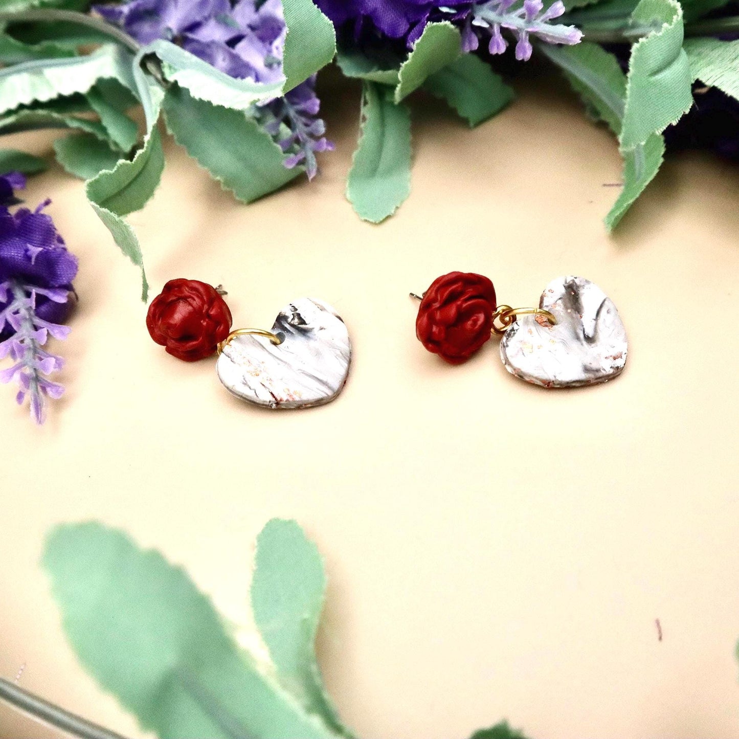 Red Rose and Rose Gold Marble Heart Dangle Earrings | Polymer Clay