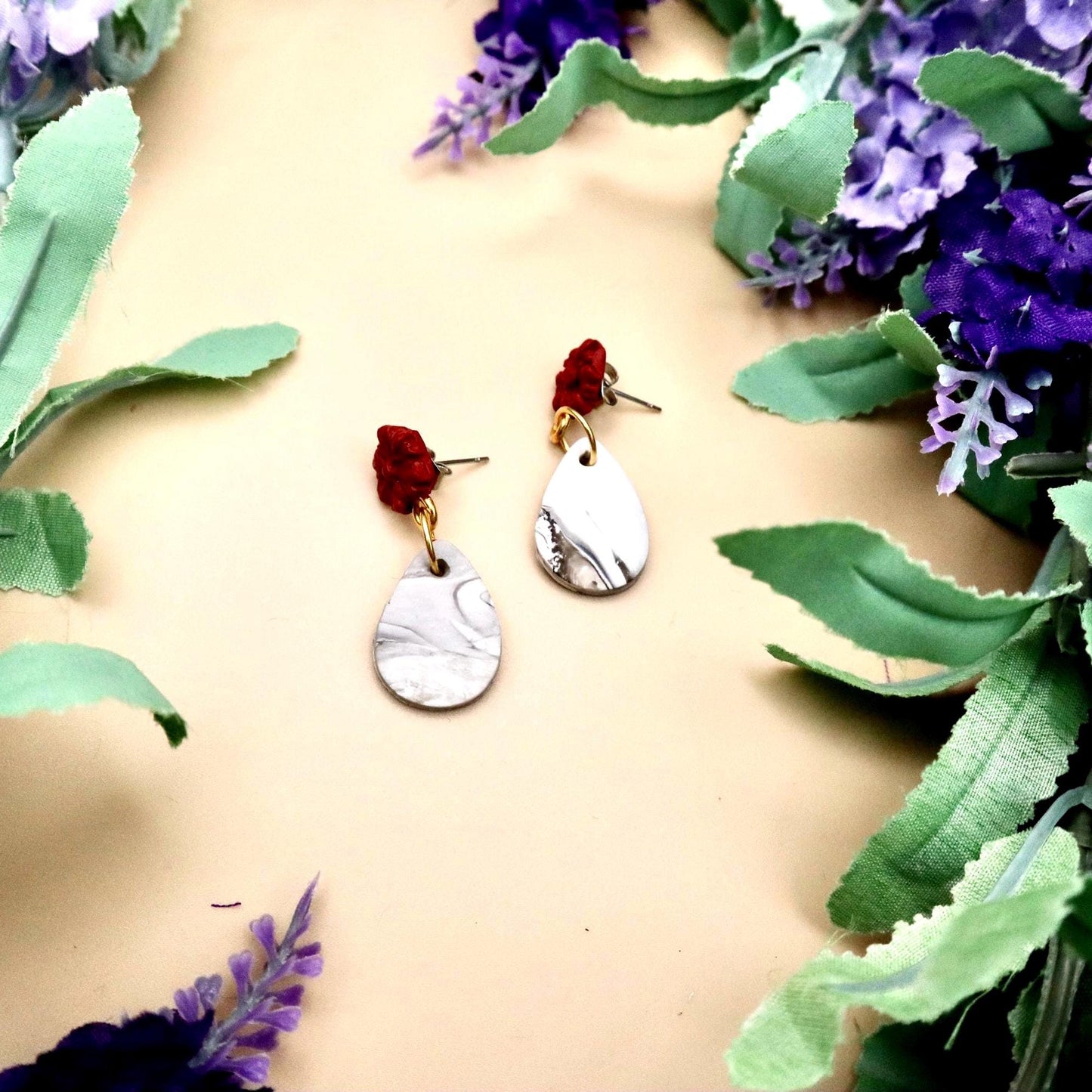 Red Rose and Marble Teardrop Dangle Earrings | Polymer Clay