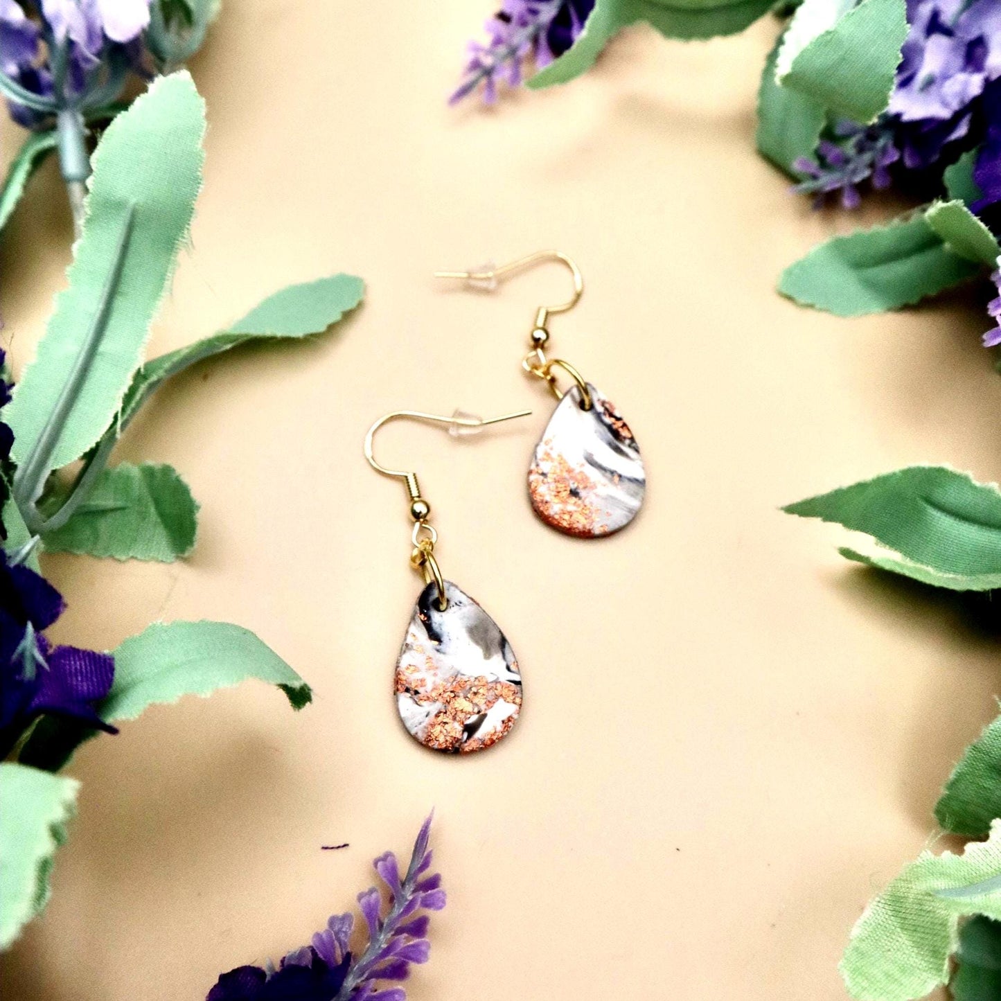 Japanese Cherry Blossom Inspired Marble Teardrop Dangle Earrings Sakura Earrings