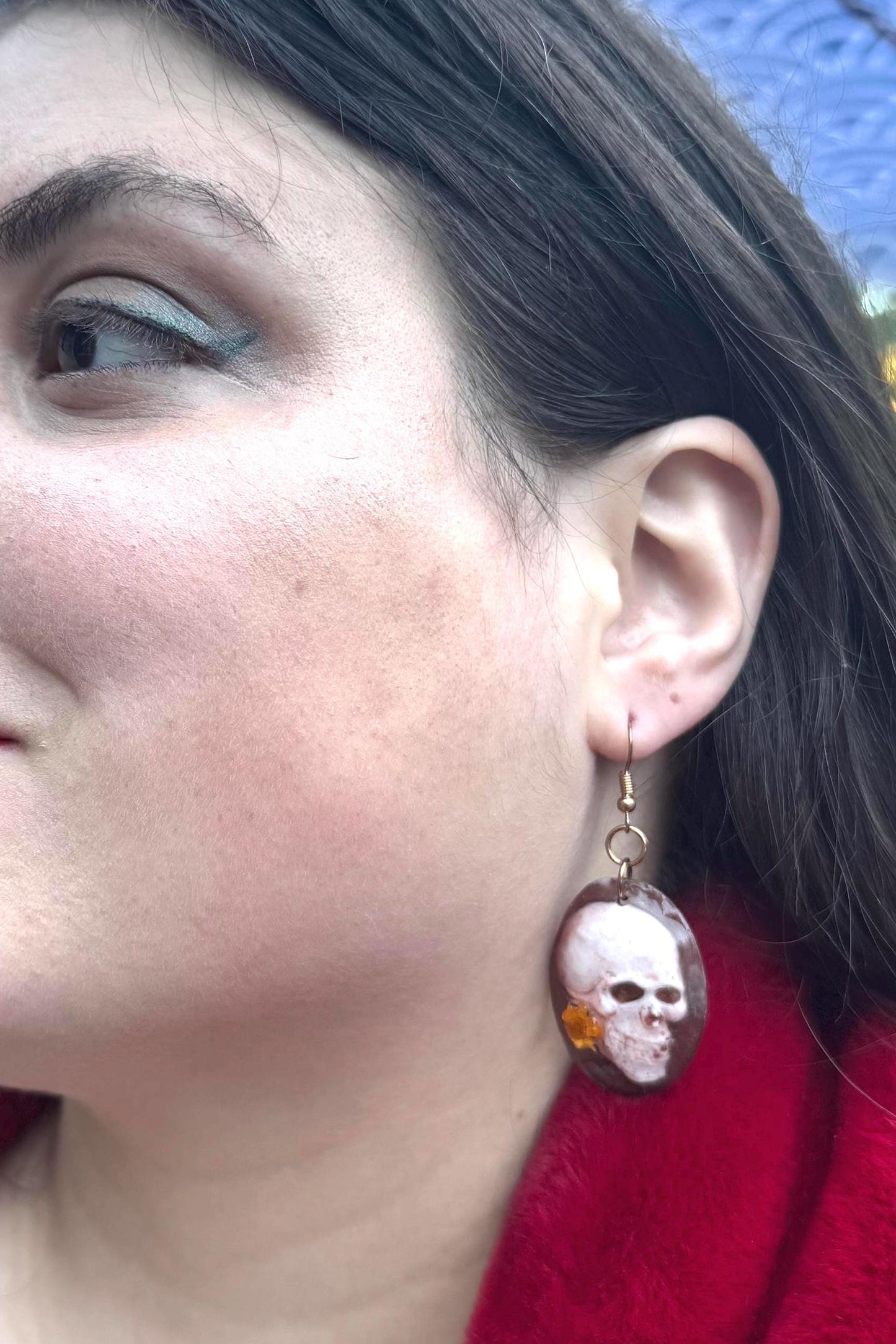 Floral Skull Dangle Earrings: Brass and Resin