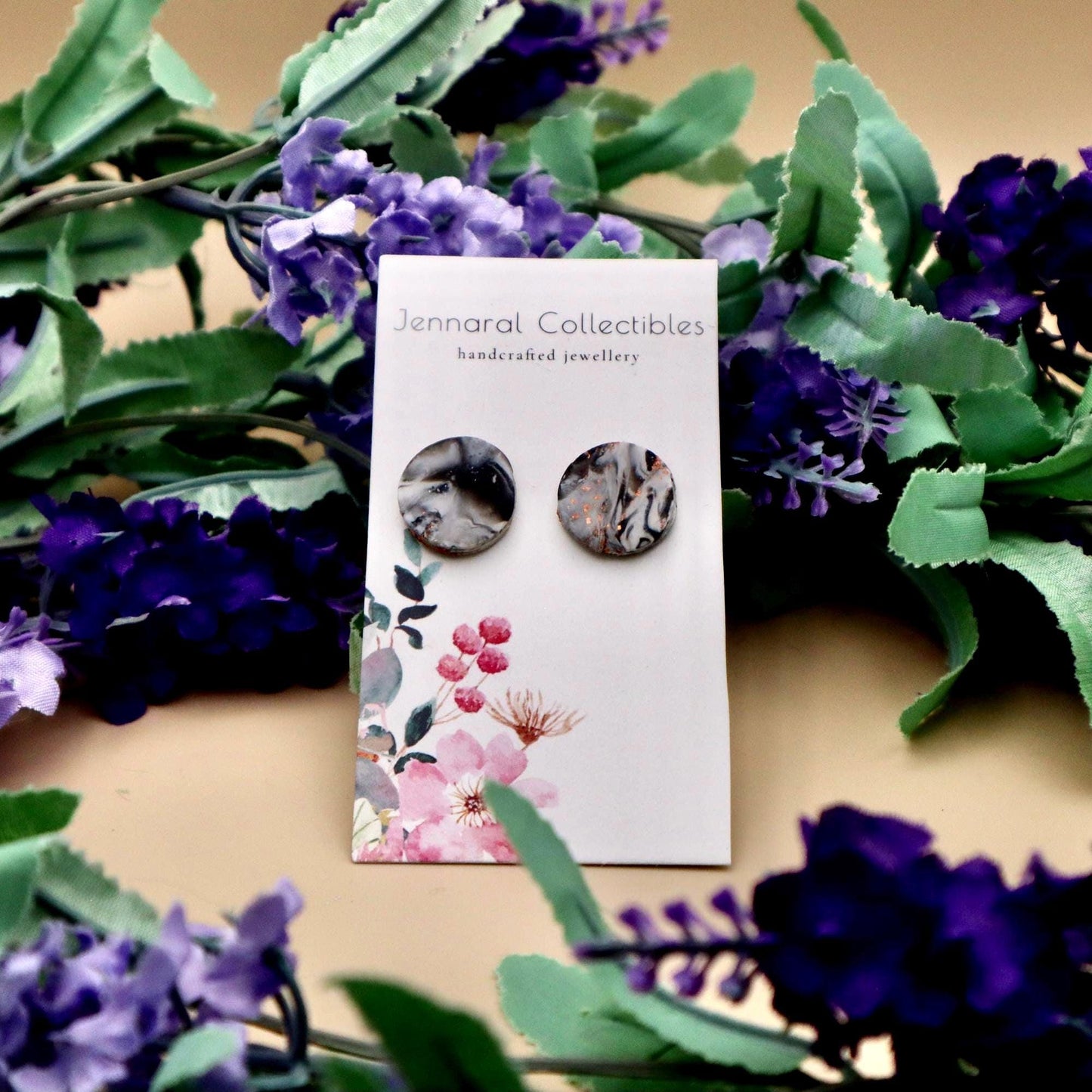 Black and White Round Marble Stud Earrings