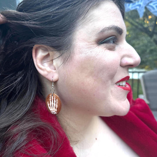 Skeletal Hand Dangle Earrings: Steel & Resin Halloween Jewelry