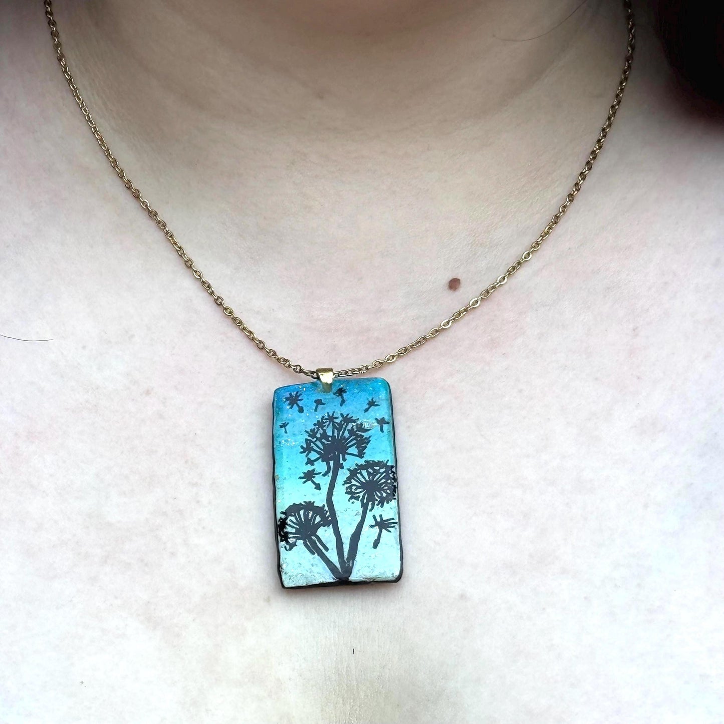 Handmade Dandelion Pendant Necklace: Handpainted Gold Plated Chain