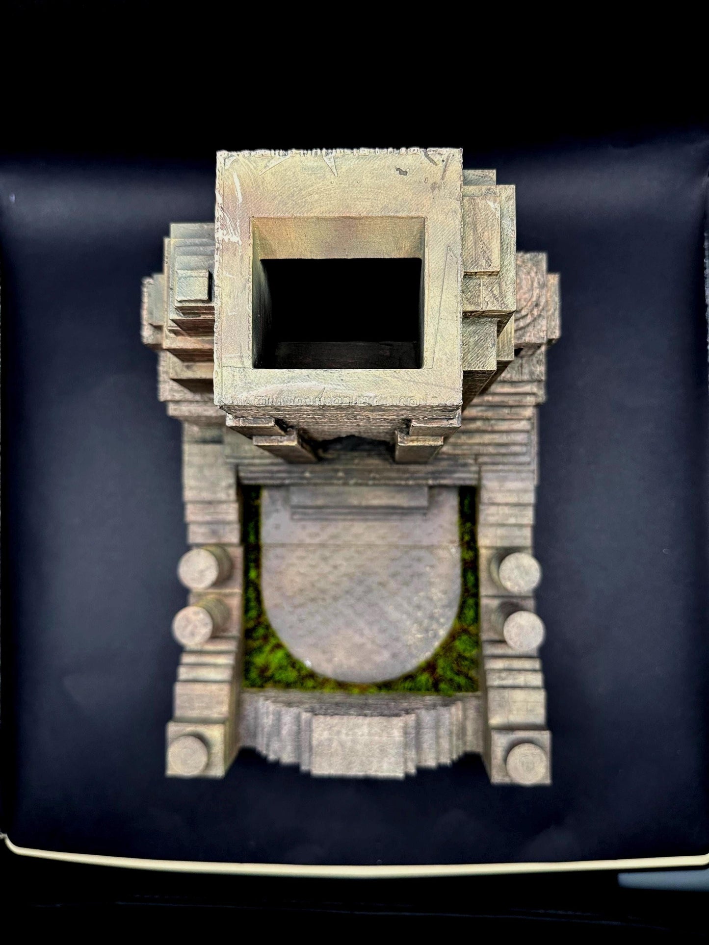 Handpainted dungeon-themed dice tower with stone details and included resin dice set, perfect for Dungeons and Dragons, tabletop RPGs, and fantasy gaming décor.