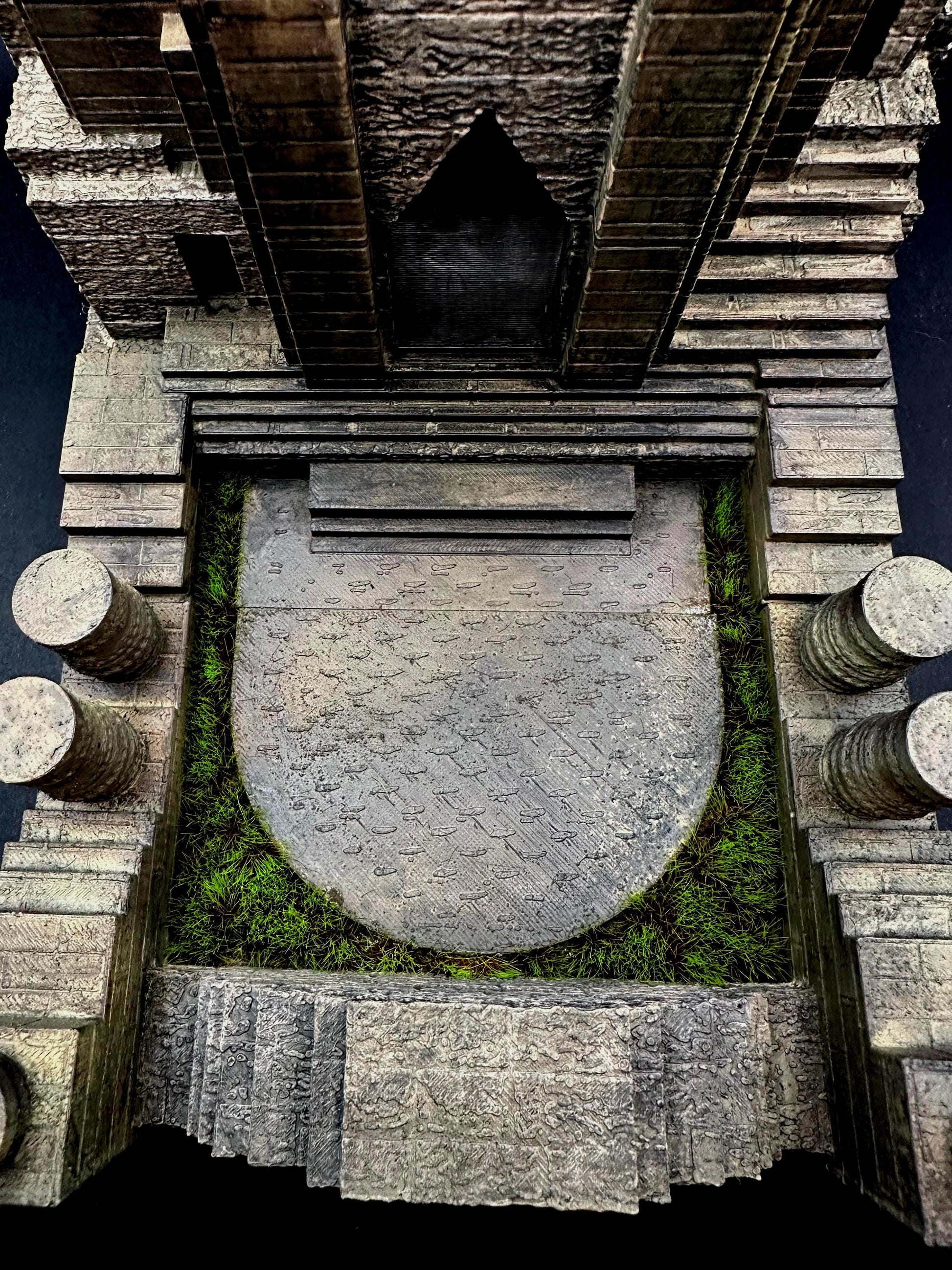 Handpainted dungeon-themed dice tower with stone details and included resin dice set, perfect for Dungeons and Dragons, tabletop RPGs, and fantasy gaming décor.