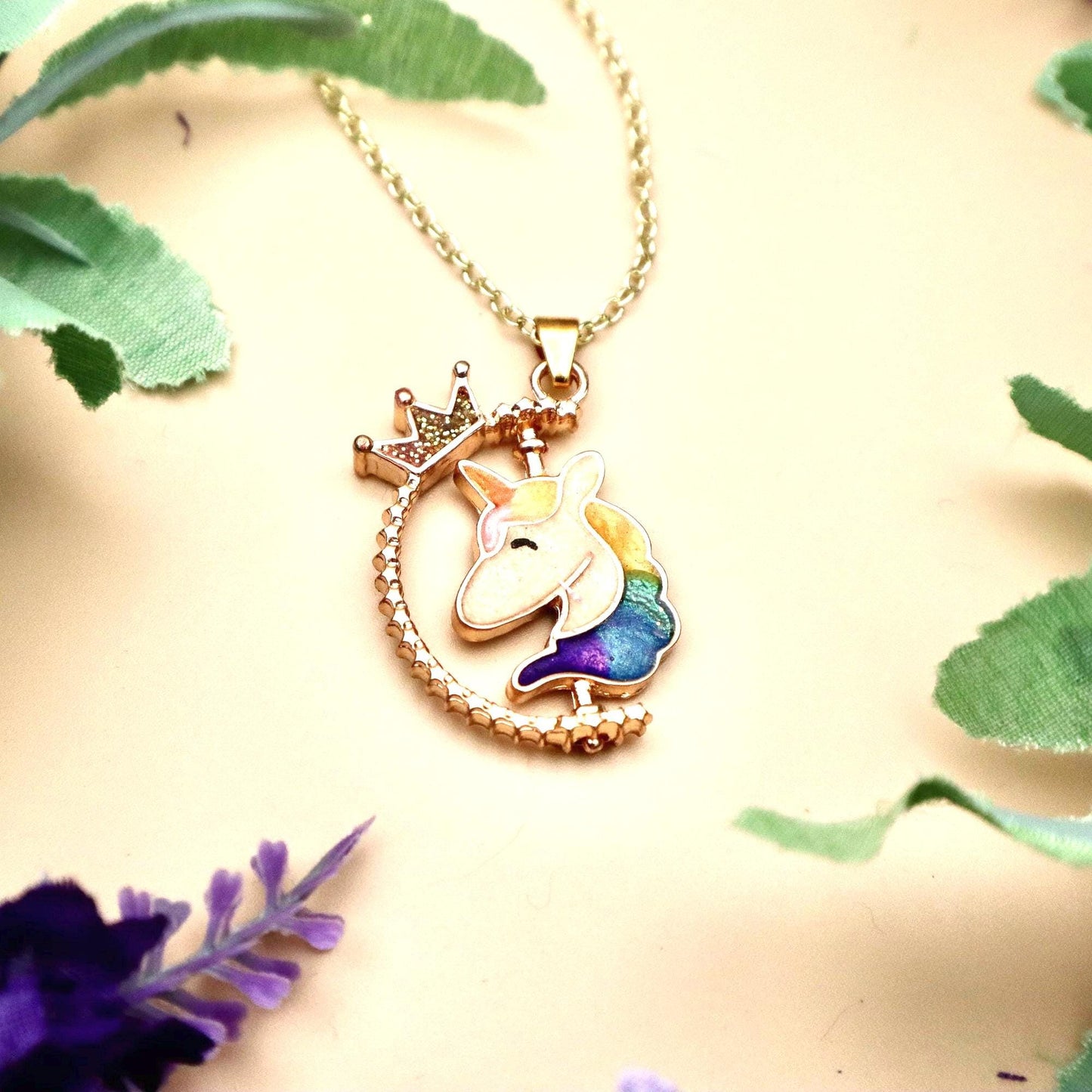 Spinning Rose Gold Unicorn Pendant Necklace