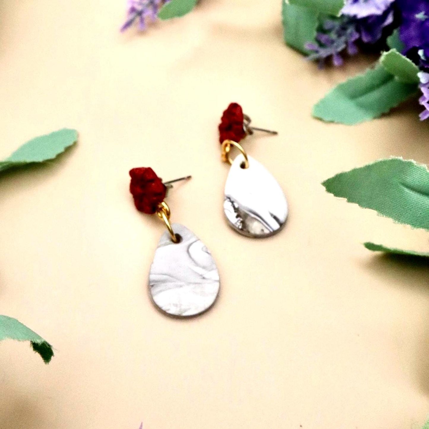 Red Rose and Marble Teardrop Dangle Earrings | Polymer Clay