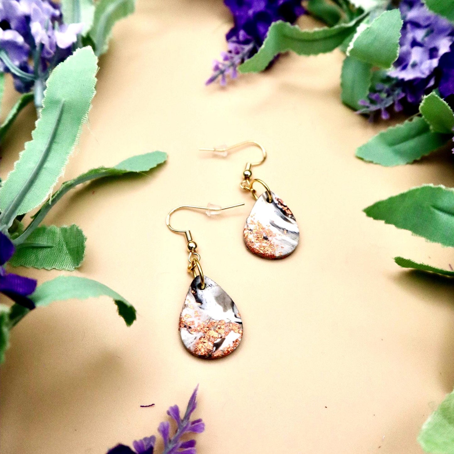 Japanese Cherry Blossom Inspired Marble Teardrop Dangle Earrings Sakura Earrings