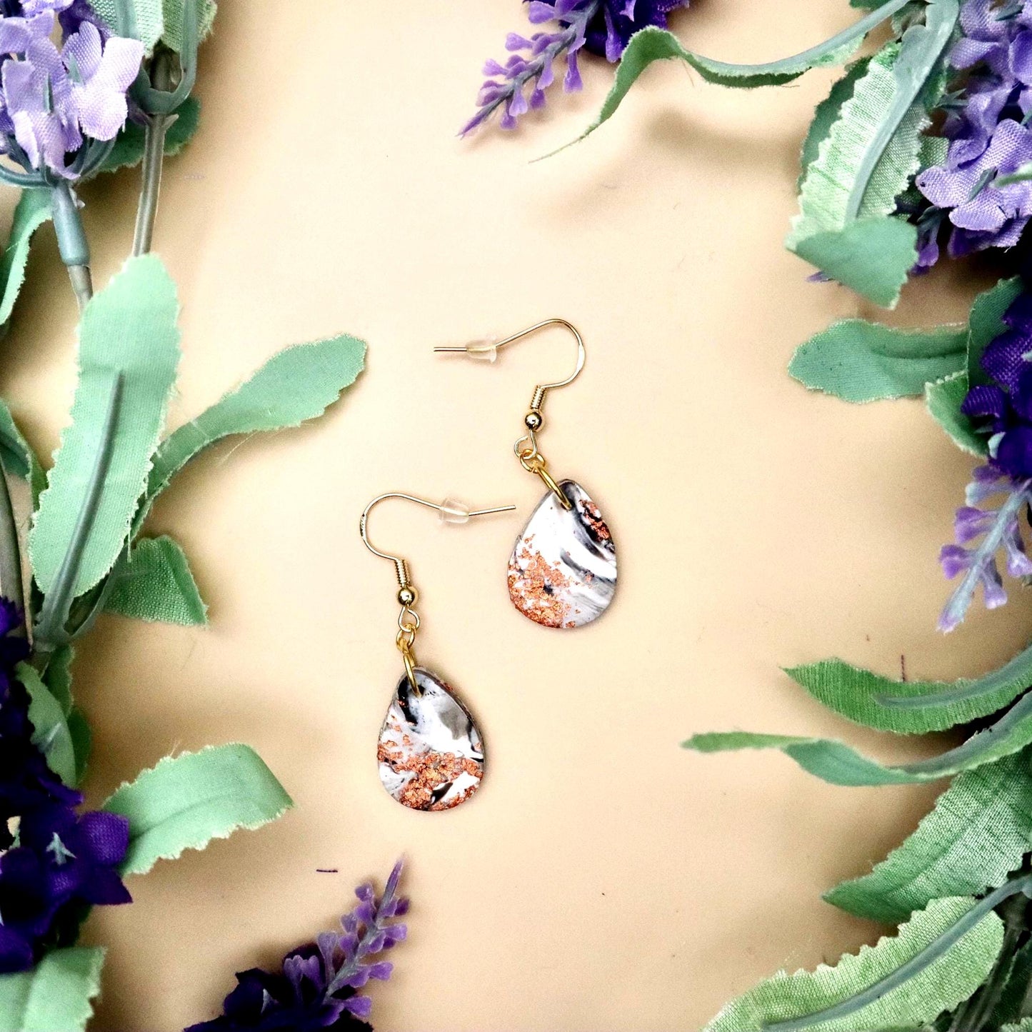 Japanese Cherry Blossom Inspired Marble Teardrop Dangle Earrings Sakura Earrings