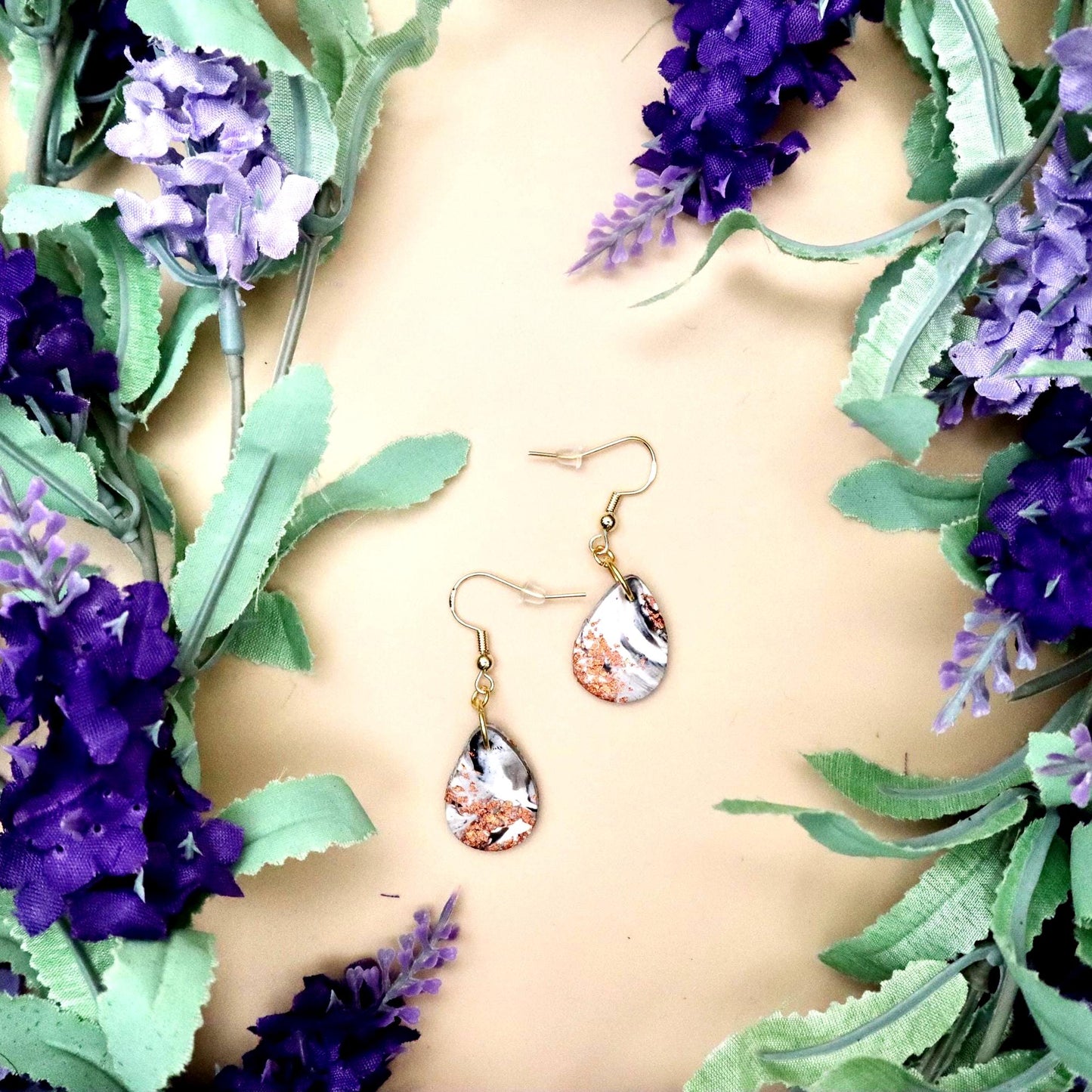 Japanese Cherry Blossom Inspired Marble Teardrop Dangle Earrings Sakura Earrings